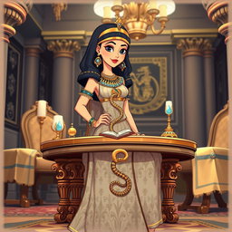 An animated-style illustration of Cleopatra standing near a beautifully crafted table that features a prominent snake symbol, representing protection and royalty