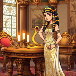 An animated-style illustration of Cleopatra standing near a beautifully crafted table that features a prominent snake symbol, representing protection and royalty