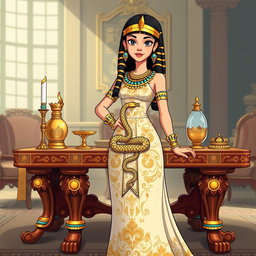 An animated-style illustration of Cleopatra standing near a beautifully crafted table that features a prominent snake symbol, representing protection and royalty