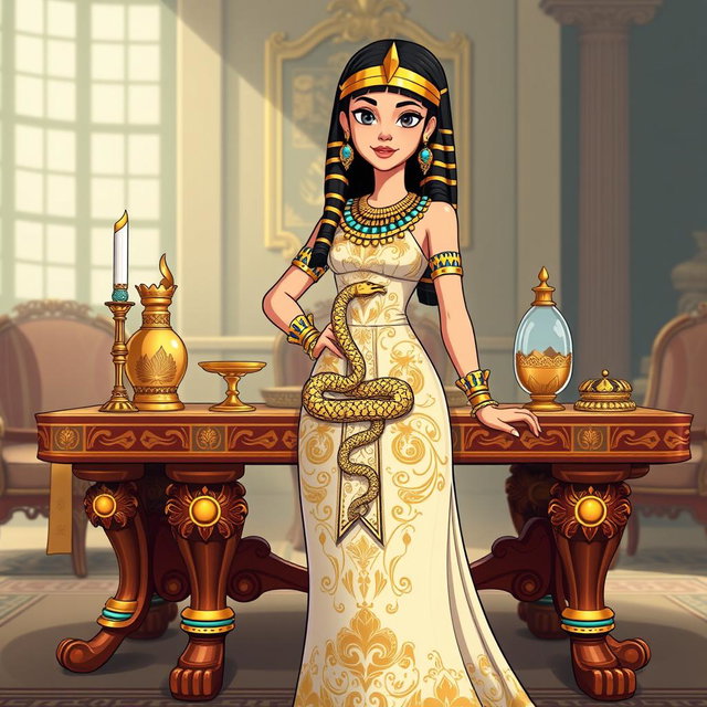 An animated-style illustration of Cleopatra standing near a beautifully crafted table that features a prominent snake symbol, representing protection and royalty