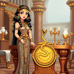 An animated-style illustration of Cleopatra standing near a beautifully crafted table that features a prominent snake symbol, representing protection and royalty