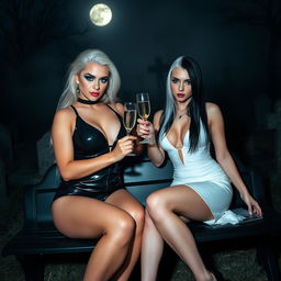 A very beautiful, attractive, curvy shapely young woman with striking white and black hair, dressed in a very tight low-cut black latex catsuit