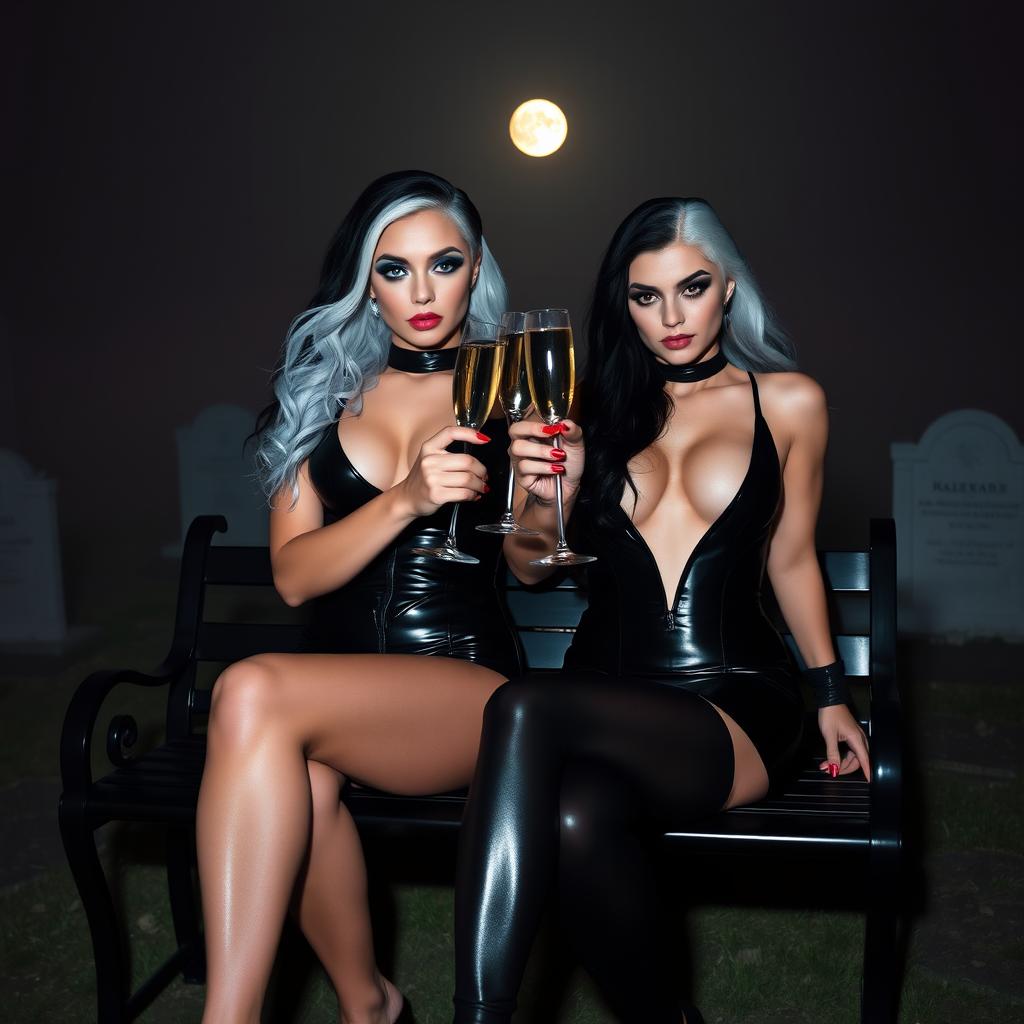 A very beautiful, attractive, curvy shapely young woman with striking white and black hair, dressed in a very tight low-cut black latex catsuit