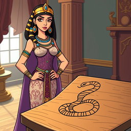 An animated-style illustration of Cleopatra standing confidently next to a table that features a prominently drawn snake symbol