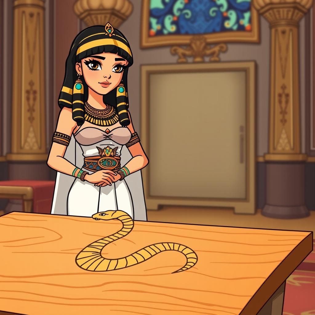 An animated-style illustration of Cleopatra standing confidently next to a table that features a prominently drawn snake symbol