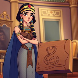 An animated-style illustration of Cleopatra standing confidently next to a table that features a prominently drawn snake symbol