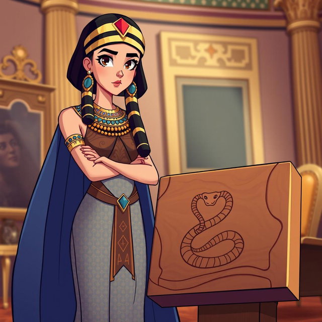 An animated-style illustration of Cleopatra standing confidently next to a table that features a prominently drawn snake symbol