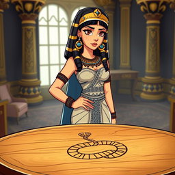 An animated-style illustration of Cleopatra standing confidently next to a table that features a prominently drawn snake symbol