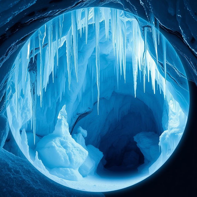 A mesmerizing icy cave design featuring a circular background