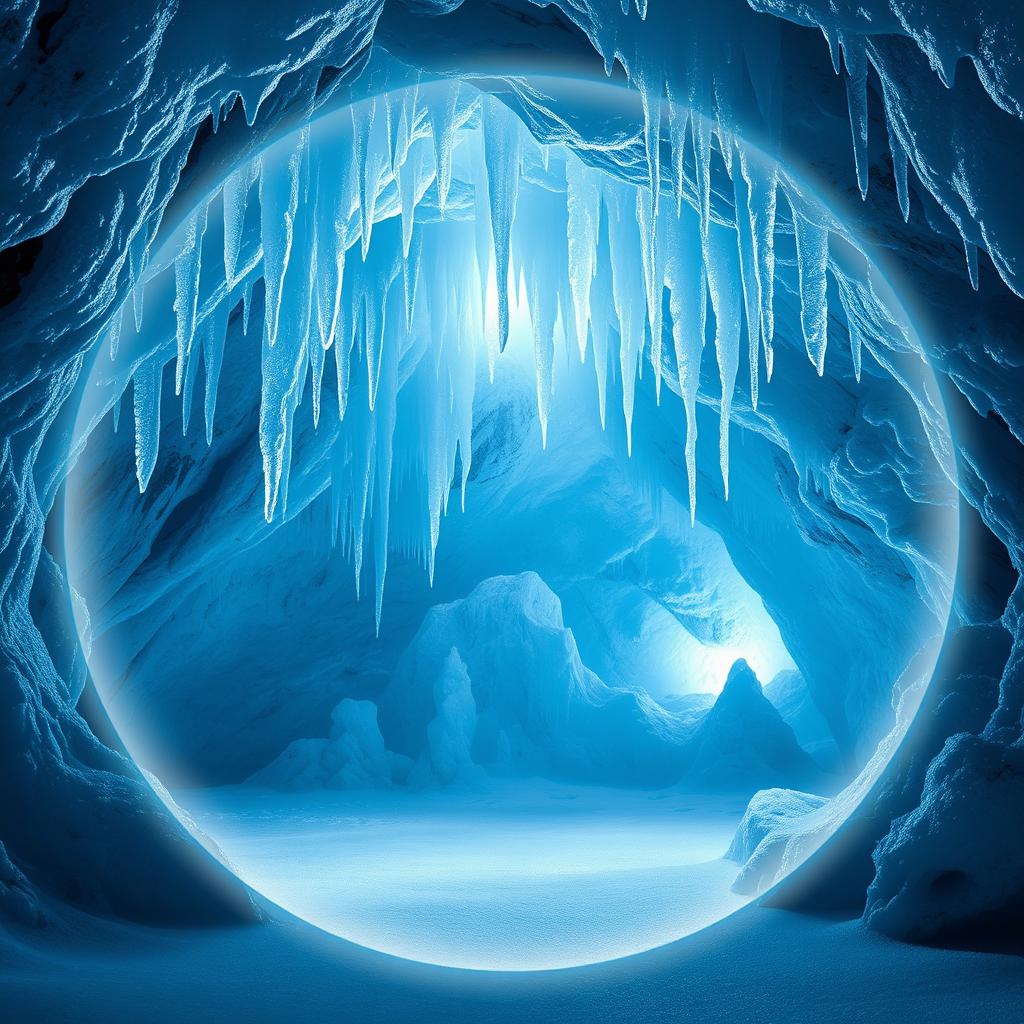 A mesmerizing icy cave design featuring a circular background