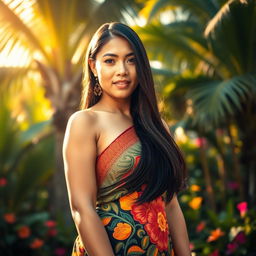 A captivating portrait of a beautifully exotic Indonesian woman with long black hair flowing down her back, wearing a vibrant traditional batik dress that highlights her figure