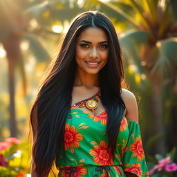 A captivating portrait of a beautifully exotic Indonesian woman with long black hair flowing down her back, wearing a vibrant traditional batik dress that highlights her figure