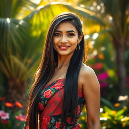 A captivating portrait of a beautifully exotic Indonesian woman with long black hair flowing down her back, wearing a vibrant traditional batik dress that highlights her figure