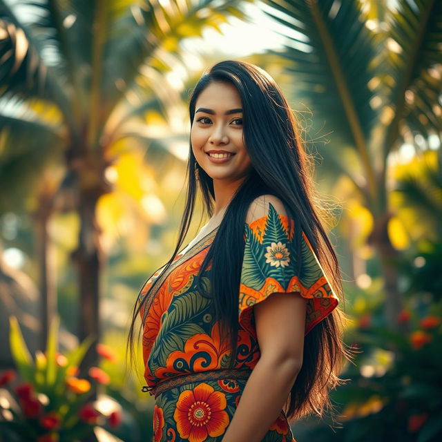 A captivating portrait of a beautifully exotic Indonesian woman with long black hair flowing down her back, wearing a vibrant traditional batik dress that highlights her figure