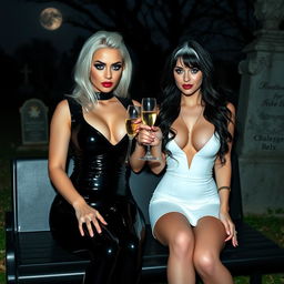 A very beautiful, attractive, curvy shapely young woman with striking white and black hair, dressed in a very tight low-cut black latex catsuit