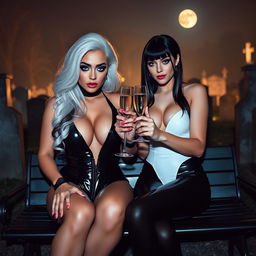A very beautiful, attractive, curvy shapely young woman with striking white and black hair, dressed in a very tight low-cut black latex catsuit