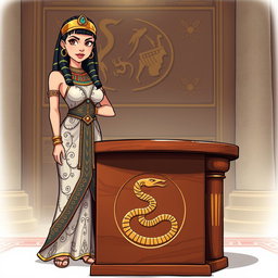 An animated-style illustration of Cleopatra standing confidently next to a table featuring a prominent snake symbol etched into its surface