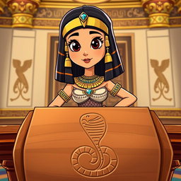 An animated-style illustration of Cleopatra standing confidently next to a table featuring a prominent snake symbol etched into its surface