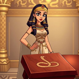 An animated-style illustration of Cleopatra standing confidently next to a table featuring a prominent snake symbol etched into its surface