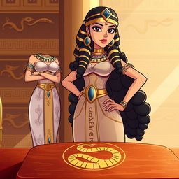 An animated-style illustration of Cleopatra standing confidently next to a table featuring a prominent snake symbol etched into its surface