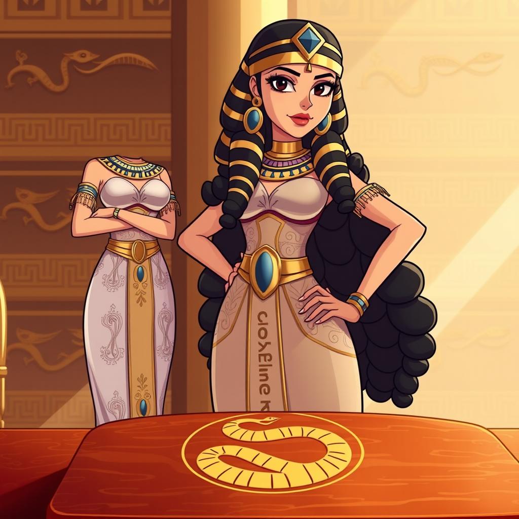 An animated-style illustration of Cleopatra standing confidently next to a table featuring a prominent snake symbol etched into its surface