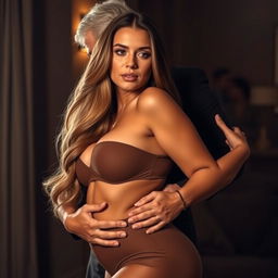 A voluptuous sexy woman being gently embraced from behind by a middle-aged man, showcasing a romantic and intimate atmosphere