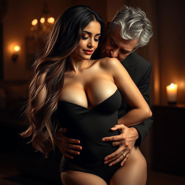 A voluptuous sexy woman being gently embraced from behind by a middle-aged man, showcasing a romantic and intimate atmosphere