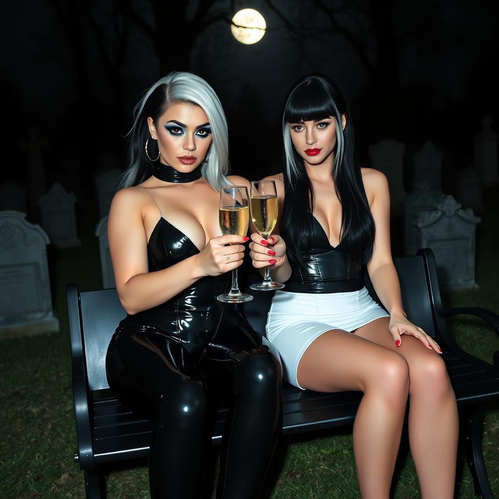 A very beautiful, attractive, curvy shapely young woman with striking white and black hair, dressed in a very tight low-cut black latex catsuit, featuring frosted blue eye shadow, thick black eyeliner, long black eyelashes, and bright pink lipstick, wearing a serious expression