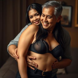 An attractive 40-year-old Indonesian woman with a voluptuous figure wearing a stylish bra, being playfully embraced from behind by a middle-aged man