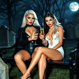 A visually stunning scene featuring a very beautiful, attractive, curvy shapely young woman with striking white and black hair, dressed in a form-fitting low-cut black latex catsuit