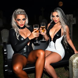 A visually stunning scene featuring a very beautiful, attractive, curvy shapely young woman with striking white and black hair, dressed in a form-fitting low-cut black latex catsuit