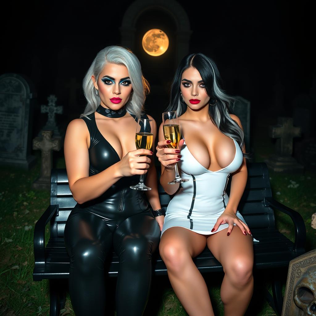 A visually stunning scene featuring a very beautiful, attractive, curvy shapely young woman with striking white and black hair, dressed in a form-fitting low-cut black latex catsuit