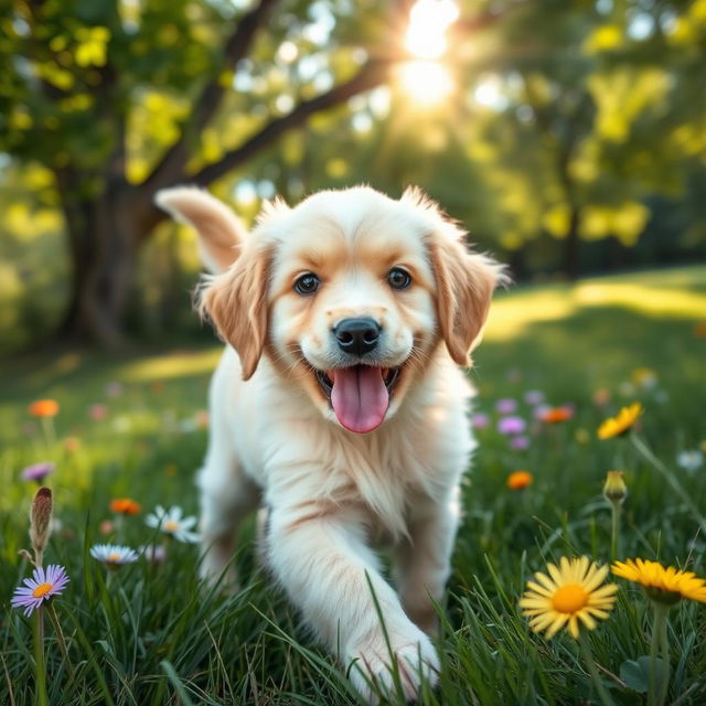 A playful puppy with fluffy fur, wagging its tail excitedly in a sunny park setting