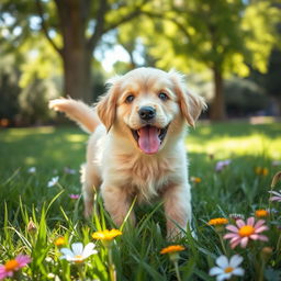 A playful puppy with fluffy fur, wagging its tail excitedly in a sunny park setting