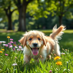 A playful puppy with fluffy fur, wagging its tail excitedly in a sunny park setting