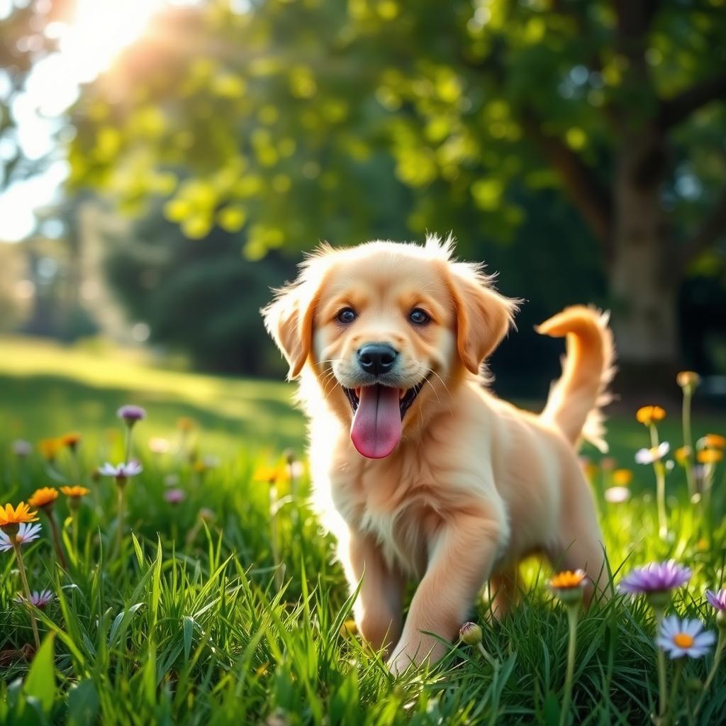 A playful puppy with fluffy fur, wagging its tail excitedly in a sunny park setting