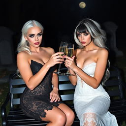 A very beautiful, attractive, curvy shapely young woman with striking white and black hair, dressed in a very tight low-cut black lace gown
