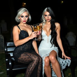 A very beautiful, attractive, curvy shapely young woman with striking white and black hair, dressed in a very tight low-cut black lace gown