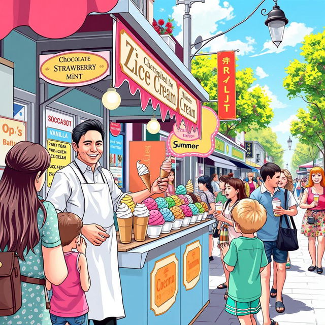 A vibrant and colorful street scene depicting a traditional ice cream vendor in a bustling market