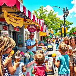 A vibrant and colorful street scene depicting a traditional ice cream vendor in a bustling market