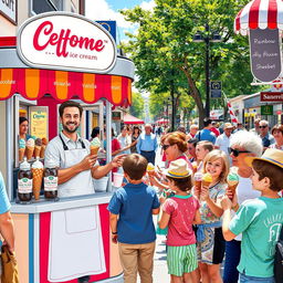 A vibrant and colorful street scene depicting a traditional ice cream vendor in a bustling market