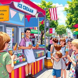 A vibrant and colorful street scene depicting a traditional ice cream vendor in a bustling market