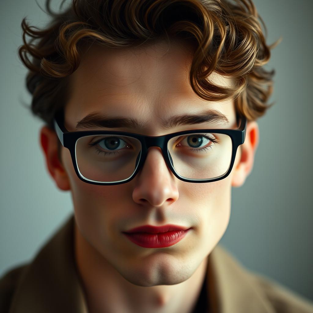 A portrait of a white-skinned male with prominent curly hair and stylish square glasses