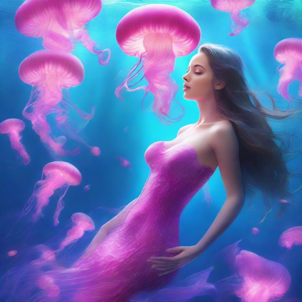 An enchanting undersea spectacle of a beautiful mermaid gracefully navigating through a mesmerizing swarm of electric pink jellyfish, illuminating the surrounding azure waters.