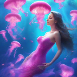 An enchanting undersea spectacle of a beautiful mermaid gracefully navigating through a mesmerizing swarm of electric pink jellyfish, illuminating the surrounding azure waters.