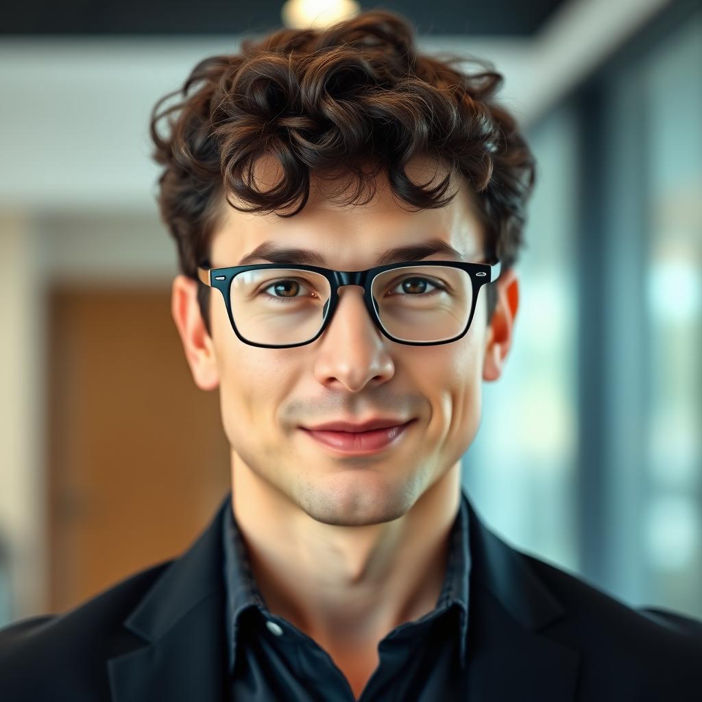 A portrait of a slightly white-skinned office man with dark curly hair and reddish lips