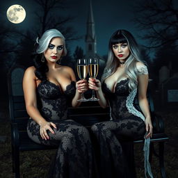 A stunning scene featuring a very beautiful, attractive, curvy shapely young woman with striking white and black hair, dressed in a tight low-cut black lace gown