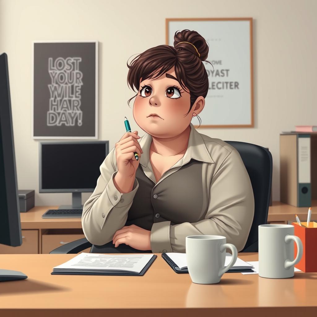 A chubby office girl sitting at her desk, surrounded by typical office supplies like a computer, notebook, and coffee mug