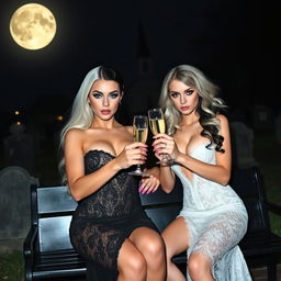 A very beautiful, attractive, curvy shapely young woman with striking white and black hair, dressed in a very tight low-cut black lace gown