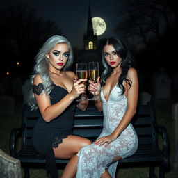 A very beautiful, attractive, curvy shapely young woman with striking white and black hair, dressed in a very tight low-cut black lace gown